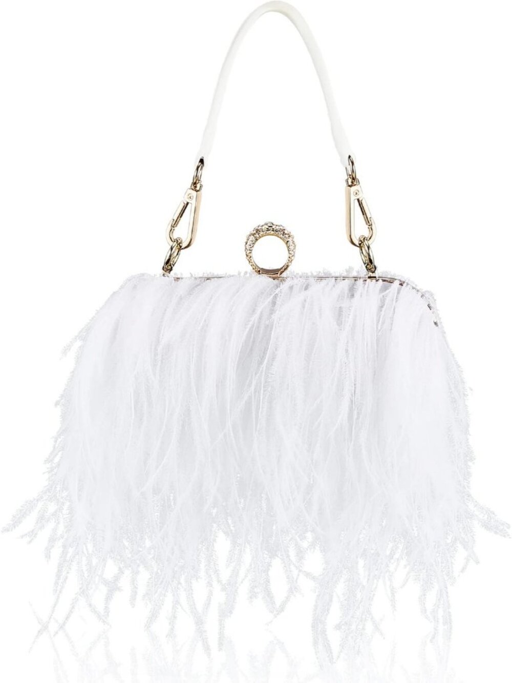 Women's White Feather Purse Fluffy Ostrich Clasp Cocktail Evening Handbag